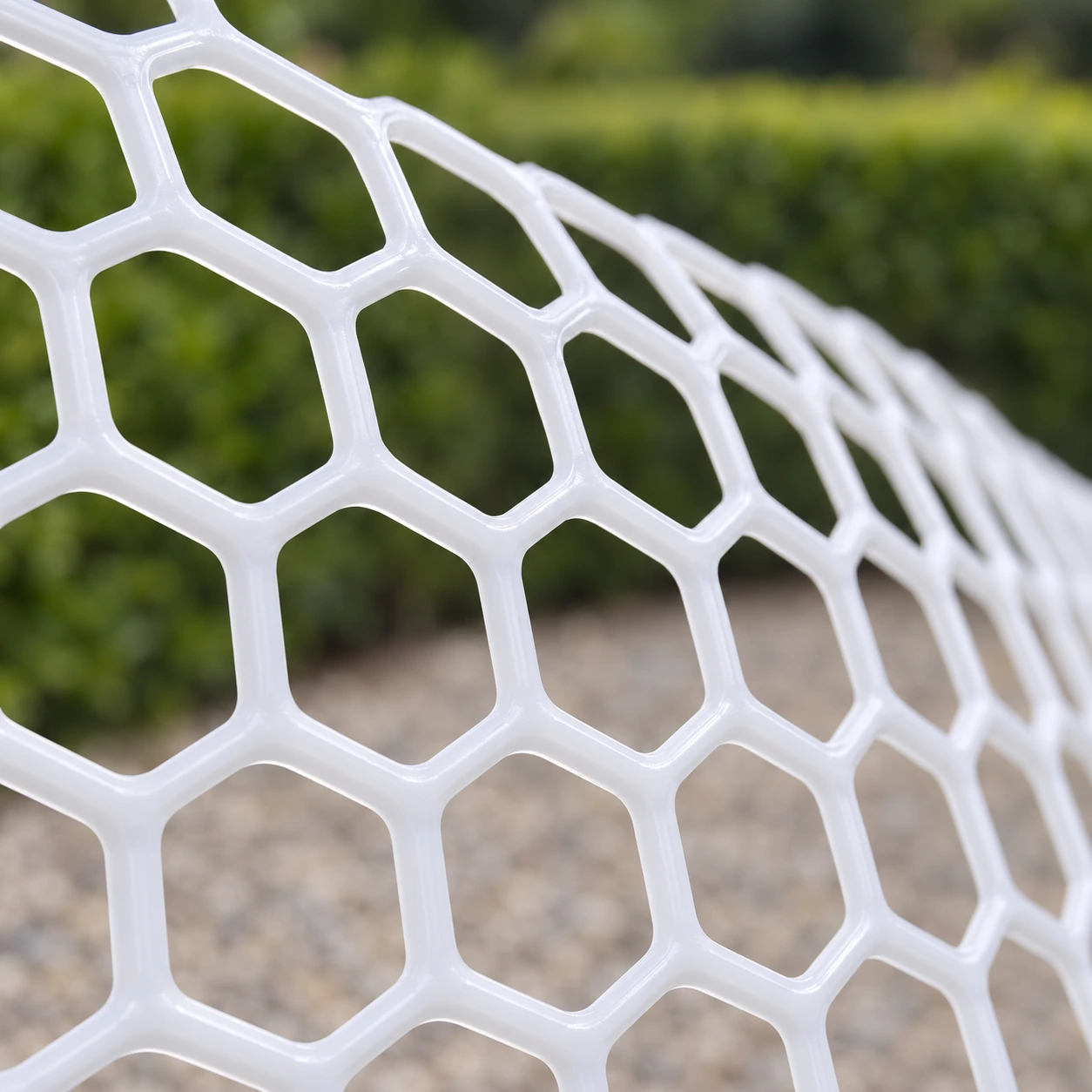 Gros plan de la maille hexagonale blanche aux brins plastiques satinés soudés