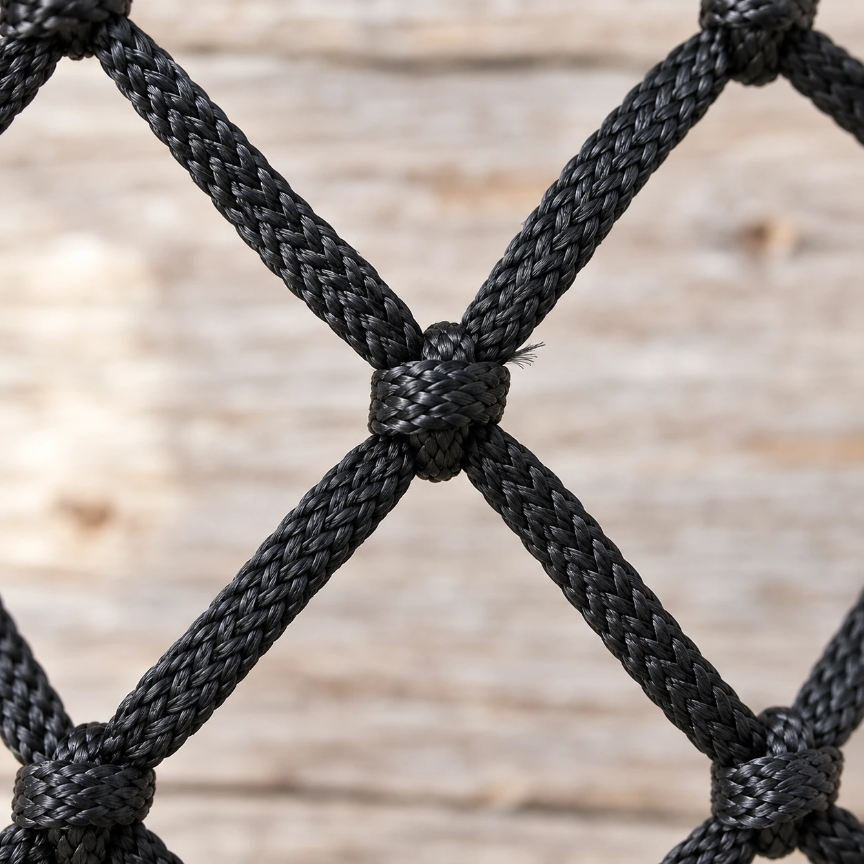 Gros plan sur le nœud d'une maille en corde de nylon tressée noire du filet à verdure