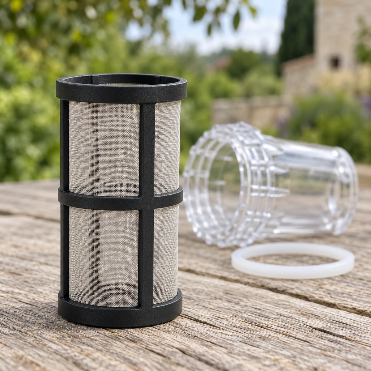 Tamis inox 304 de 80 mesh sorti du bocal, mailles du tamis vues de près