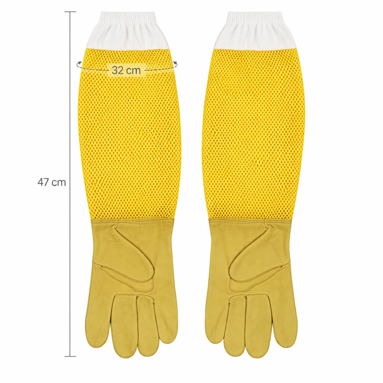 Plan coté de la paire de gants, 47 cm de longueur totale et 32 cm de tour de manchon
