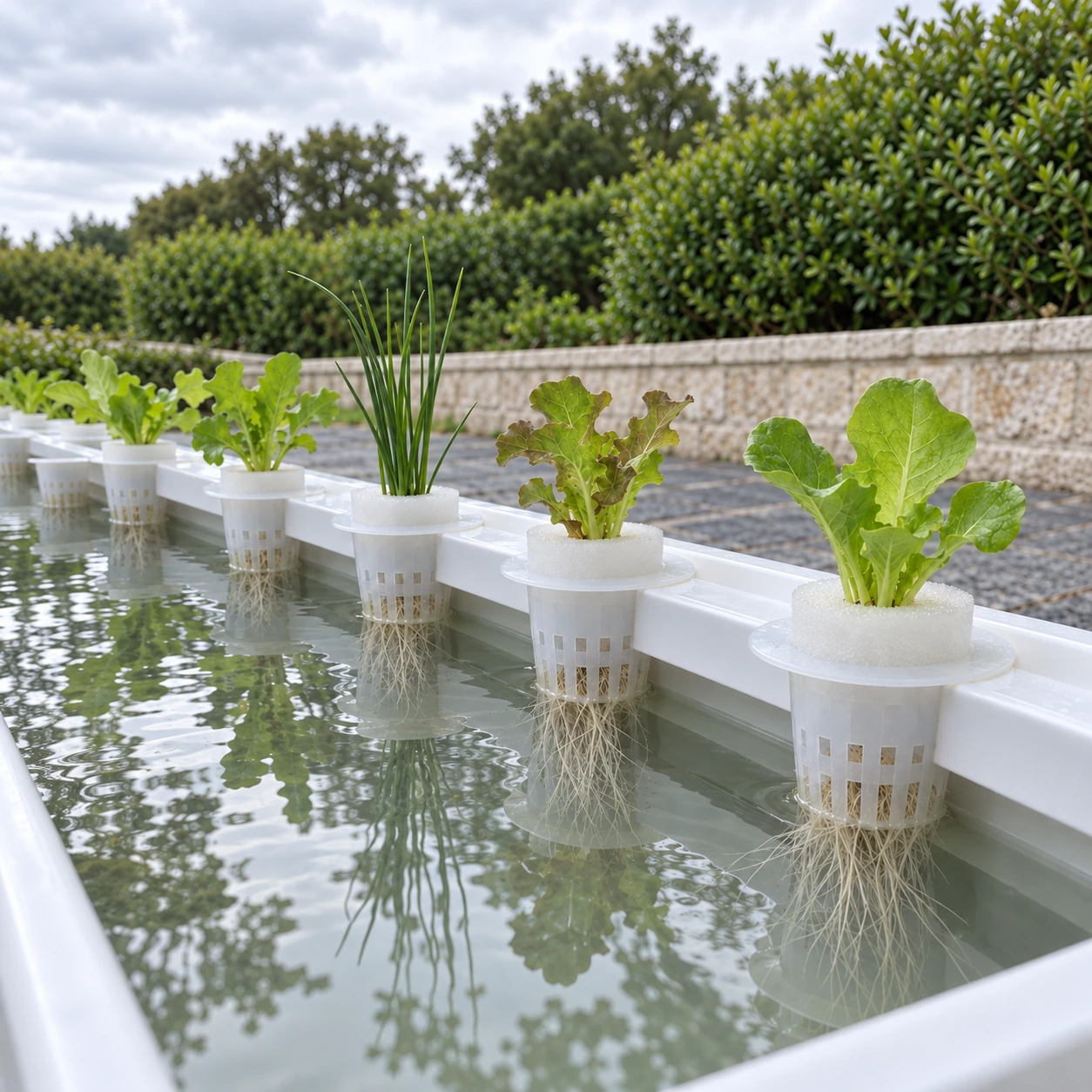 Godets en filet garnis de jeunes plants dans un chenal hydroponique, racines blanches visibles sous l'eau