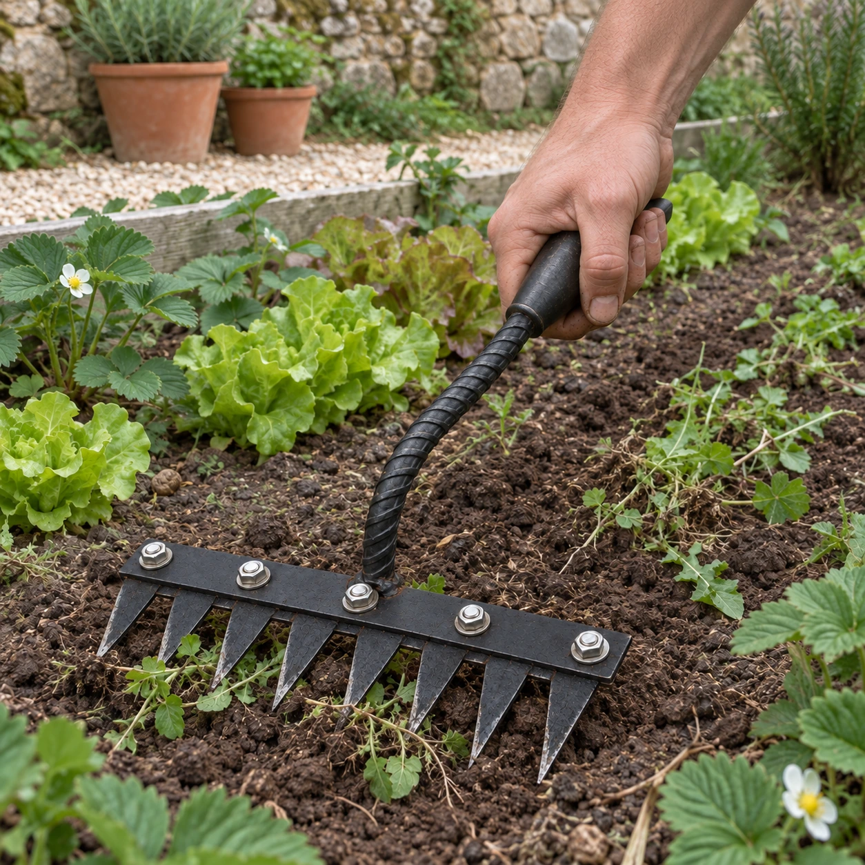 Griffe sarcloir tirée à la main dans la terre d'un potager, entre deux rangs de laitues