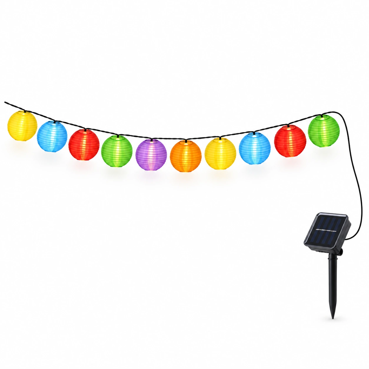 Guirlande solaire de dix lanternes de tissu colorées, reliée à son panneau solaire sur piquet
