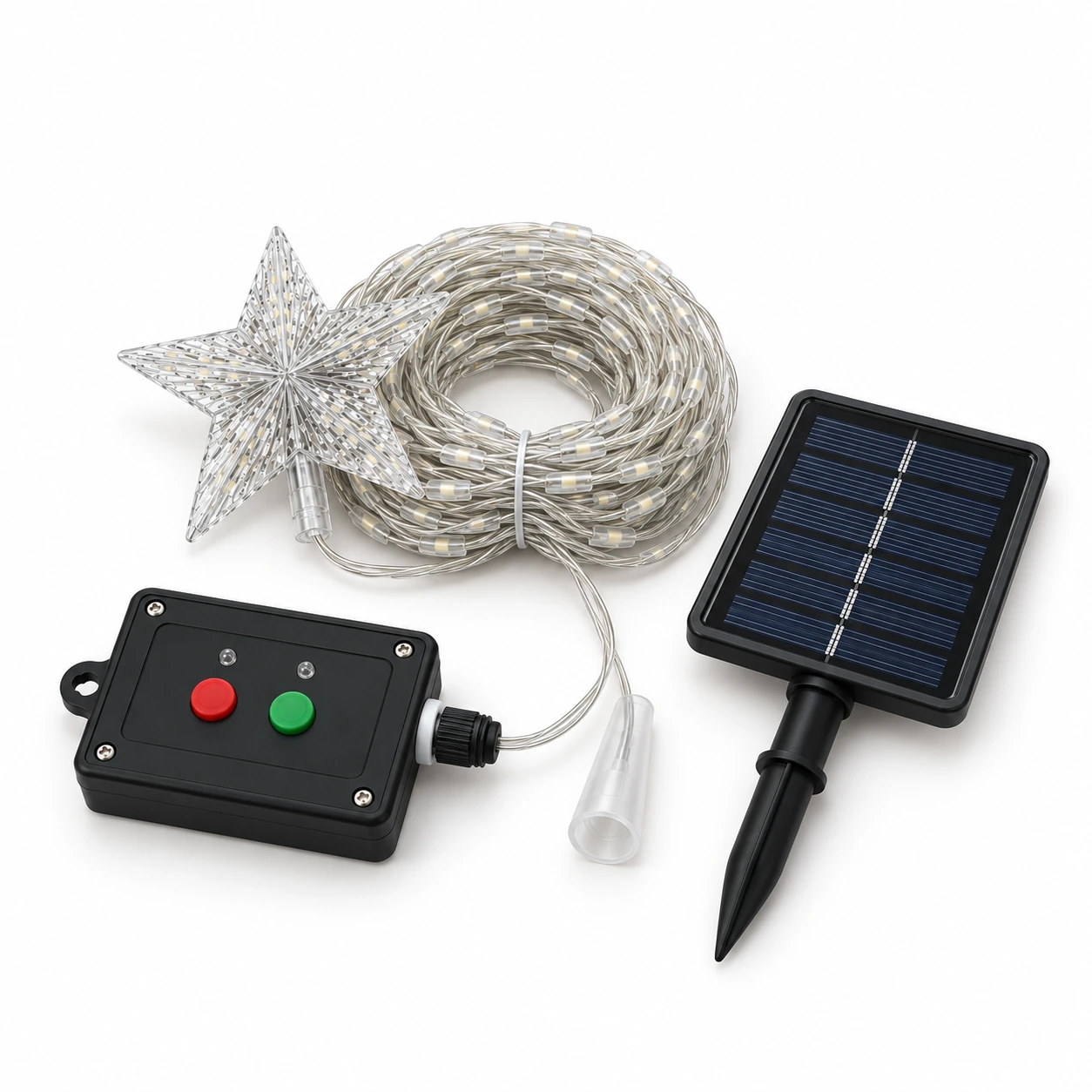 Étoile lumineuse solaire sur fond blanc, cascades en bobine, panneau solaire sur piquet et boîtier de commande