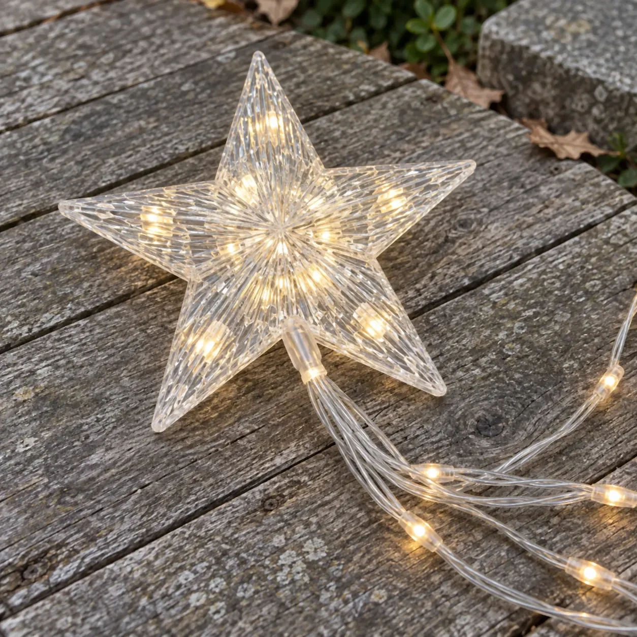 Détail de l'étoile lumineuse solaire allumée sur des planches de bois gris, LED blanc chaud