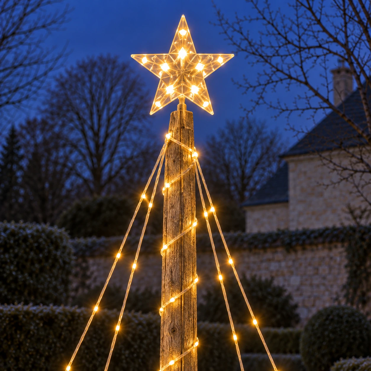 Étoile solaire allumée au sommet d'un piquet de bois, cascades de LED dans un jardin au crépuscule