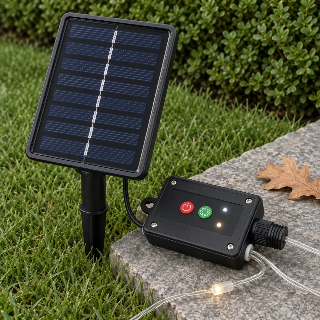 Panneau solaire sur piquet dans l'herbe et boîtier de commande à boutons rouge et vert sur une pierre
