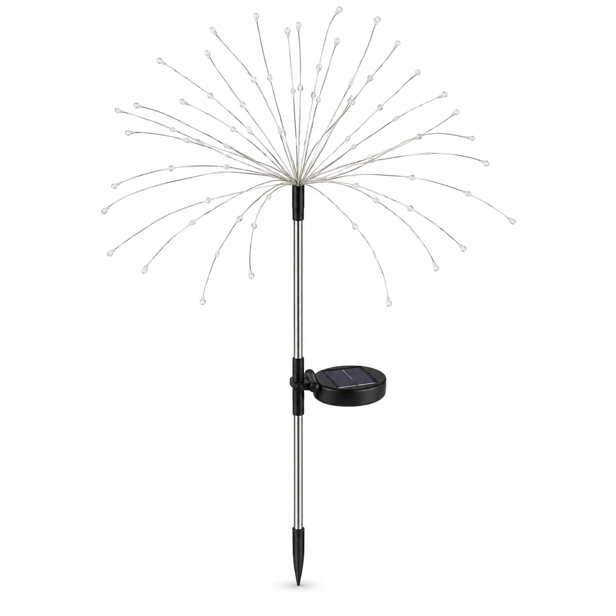 Bouquet solaire feu d'artifice sur fond blanc, tige argentée, boîtier solaire noir, corolle de brins fins