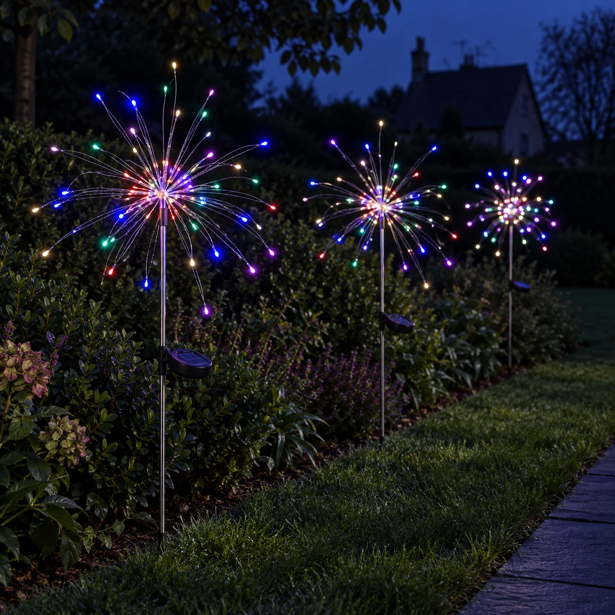 Trois bouquets solaires plantés en bordure de pelouse le soir, corolles multicolores allumées