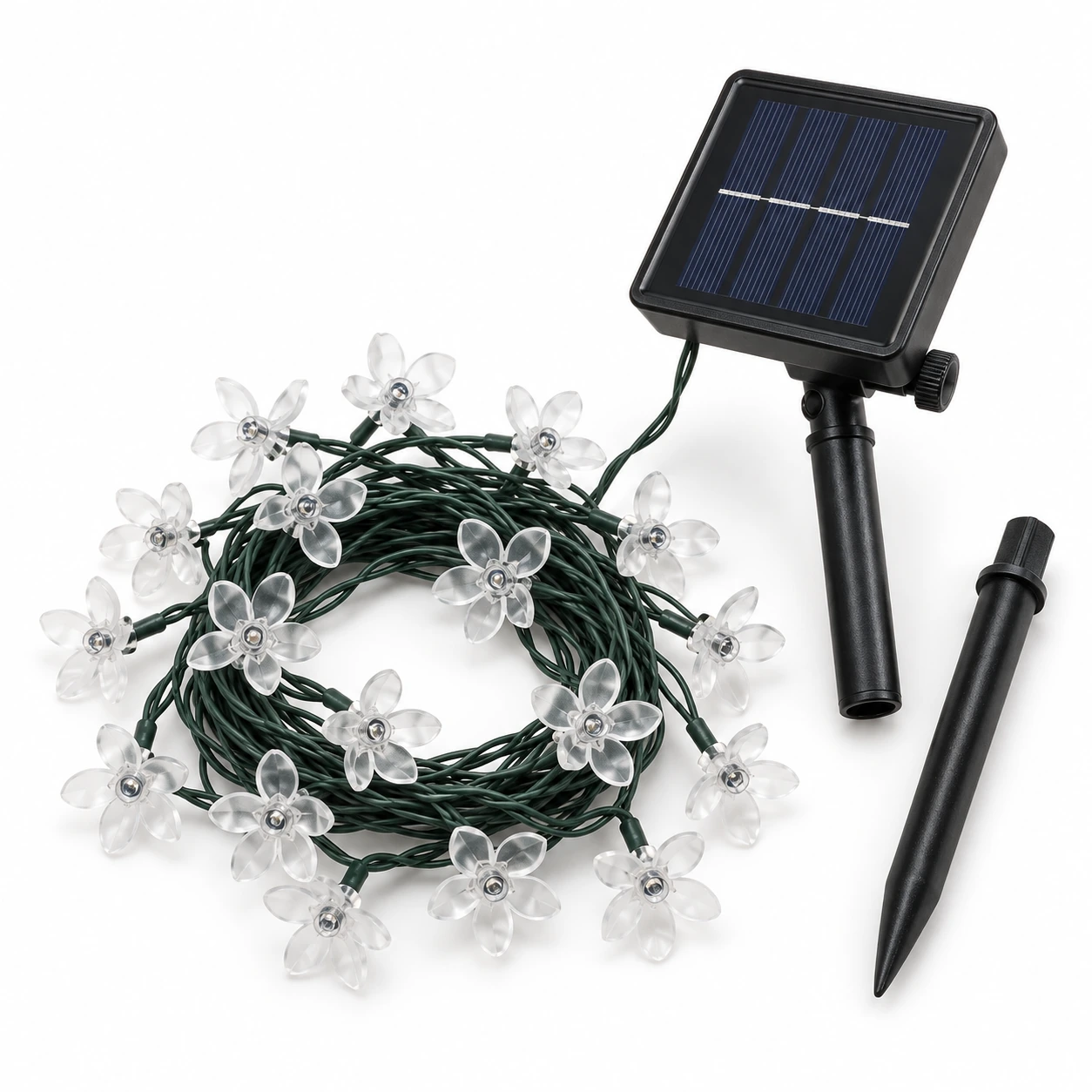 Guirlande de fleurs lumineuses blanc chaud déroulée avec son panneau solaire sur tige, sur fond neutre