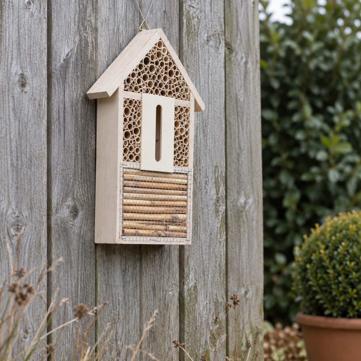 Hôtel à insectes suspendu à une clôture en bois grisé, buis en pot à l'arrière-plan