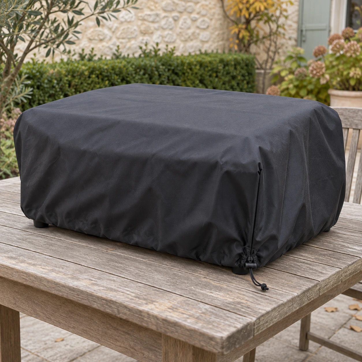 Housse noire en place sur un appareil de cuisson de table, en terrasse