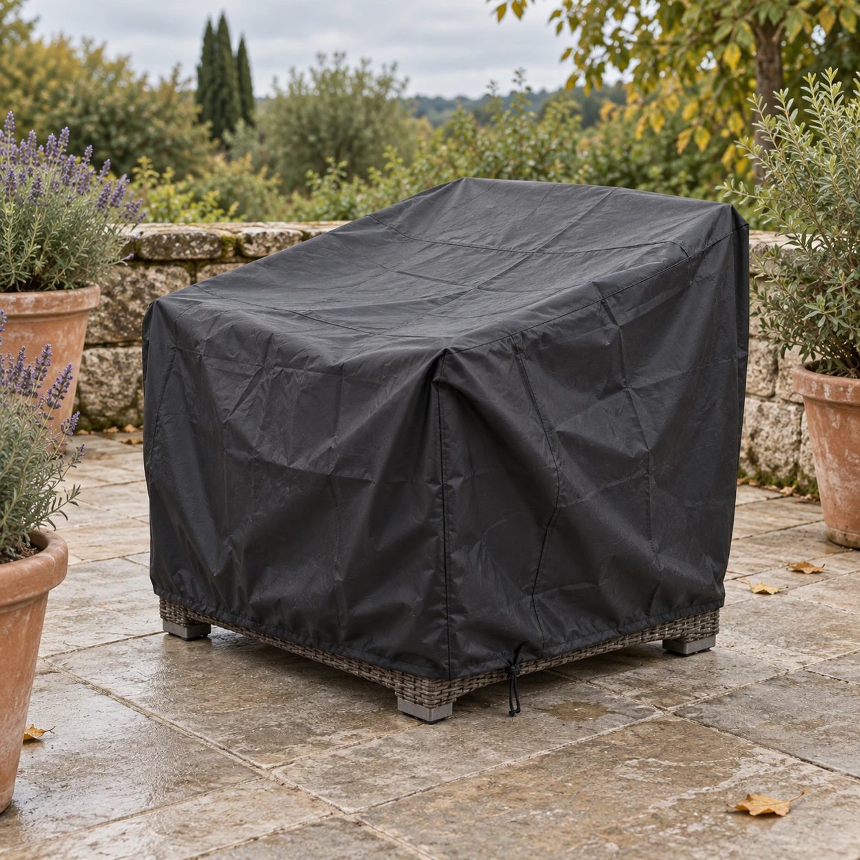Housse noire imperméable posée sur un fauteuil de jardin en résine tressée, terrasse en pierre