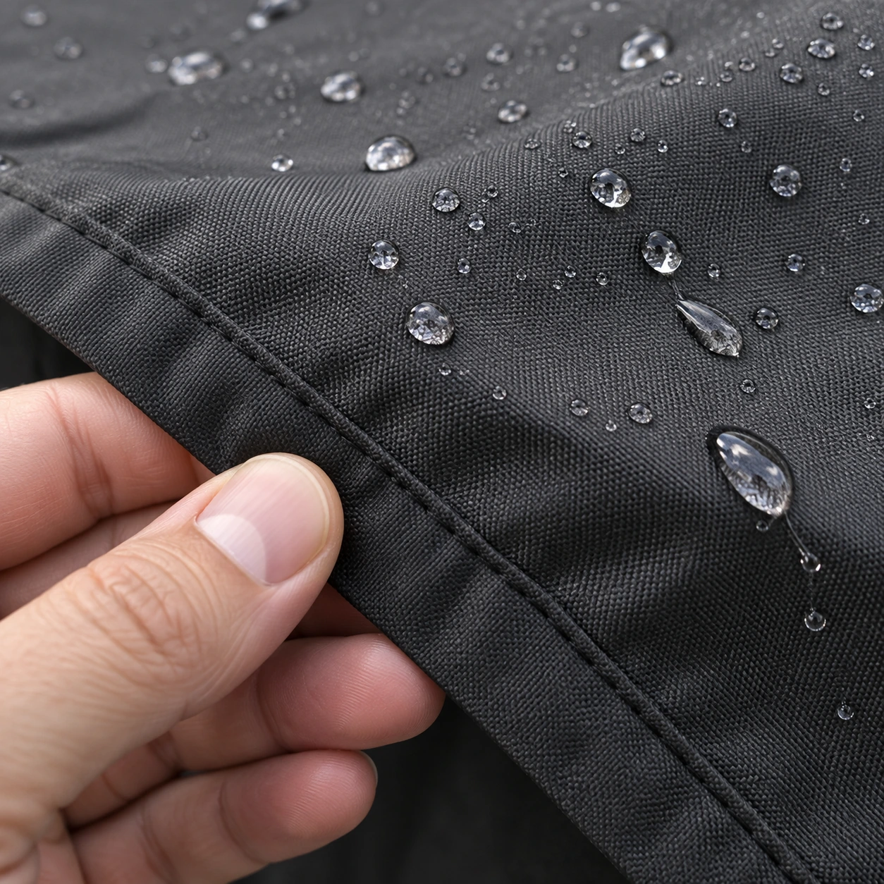 Gouttes d'eau perlant sur le tissu Oxford 210D noir de la housse, main tenant le bord