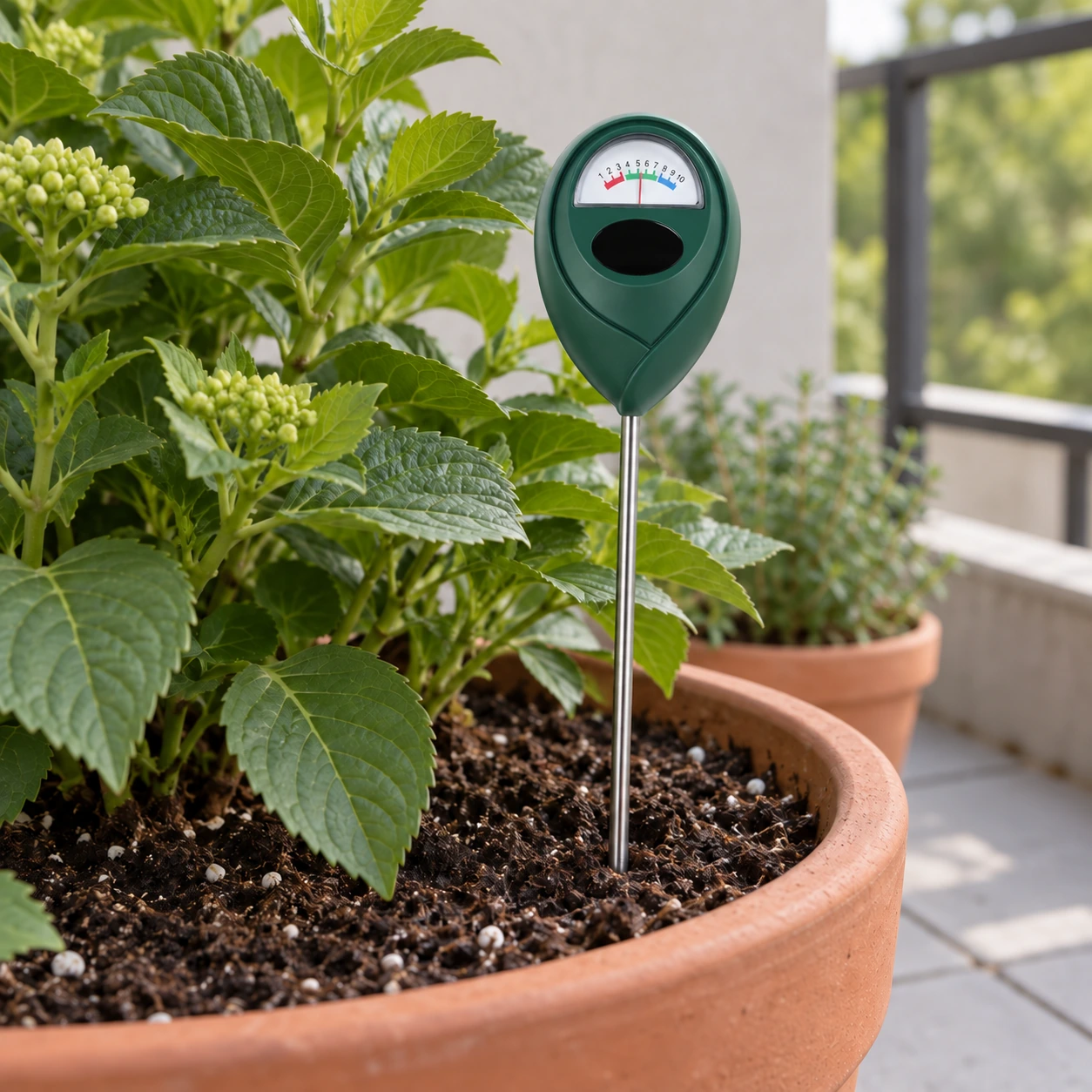 Humidimètre planté dans le terreau d'un pot d'hortensia en terre cuite sur un balcon