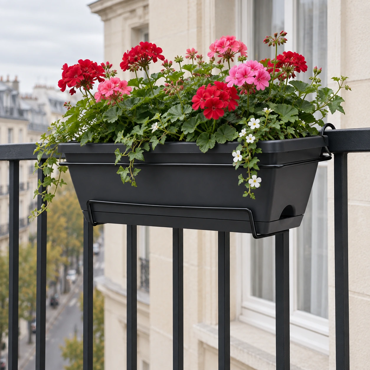 Jardinière noire garnie de géraniums accrochée à la rambarde d'un balcon, toits de la ville en fond