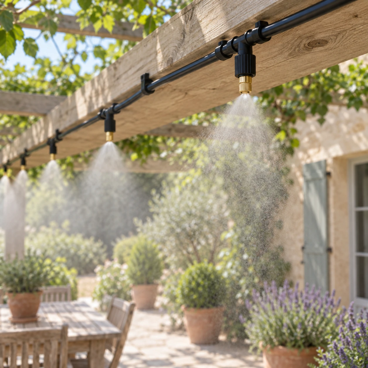 Buses en laiton diffusant une fine brume sous une pergola en bois
