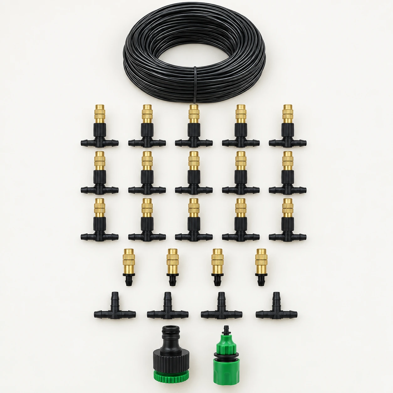 Contenu du kit avec tuyau, quinze buses montées et raccords supplémentaires