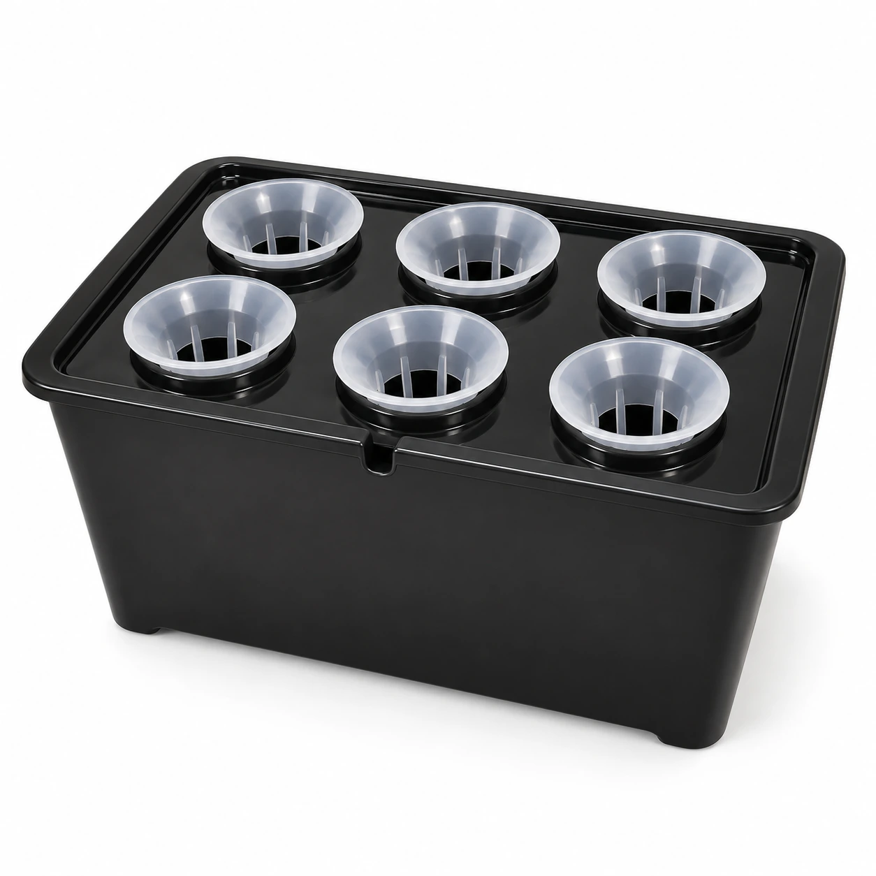 Kit de germination hydroponique noir assemblé, bac et couvercle à six paniers translucides sur fond blanc