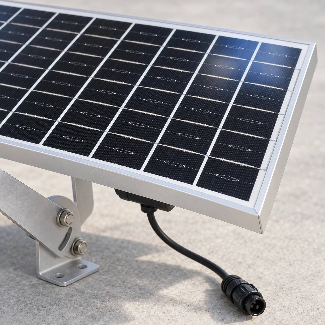 Le panneau solaire vu de près, cellules noires, cadre aluminium, câble et raccord à visser