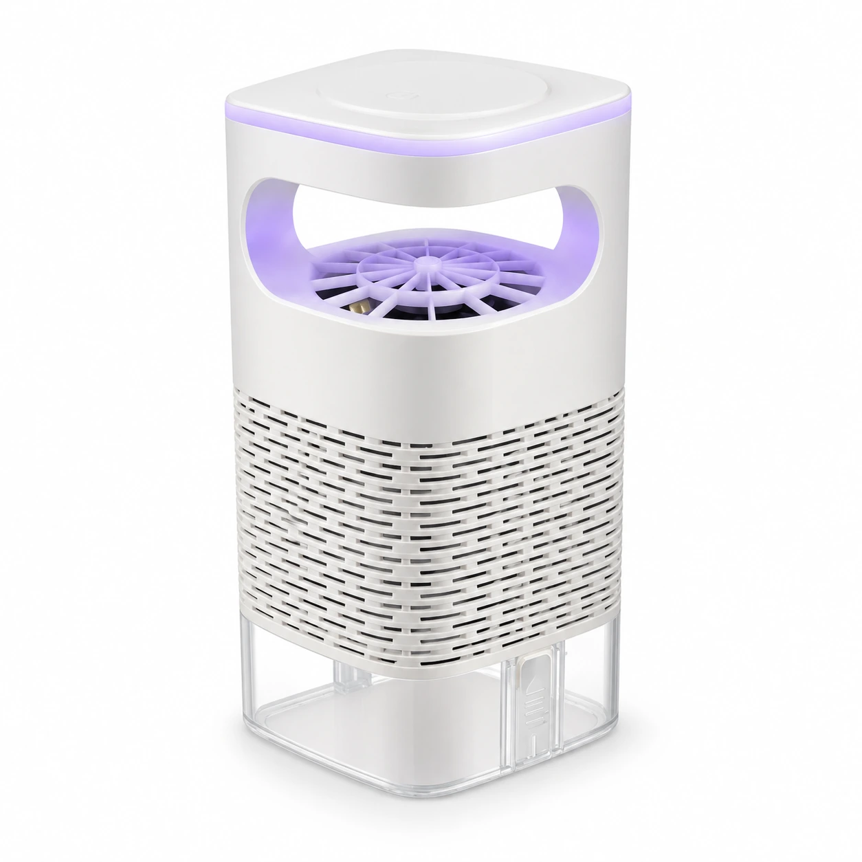 Lampe anti moustique blanche à aspiration, vue trois quarts sur fond blanc