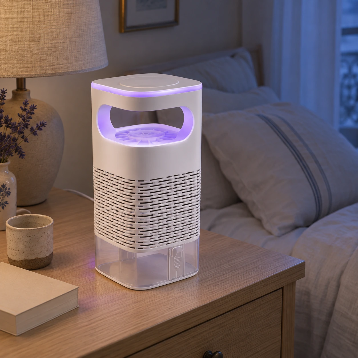 Lampe anti moustique à aspiration sur une table de chevet, lumière violette allumée
