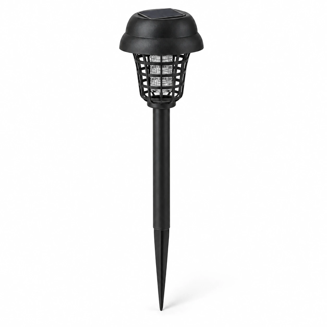 Lampe anti moustique solaire noire sur piquet, vue entière sur fond blanc