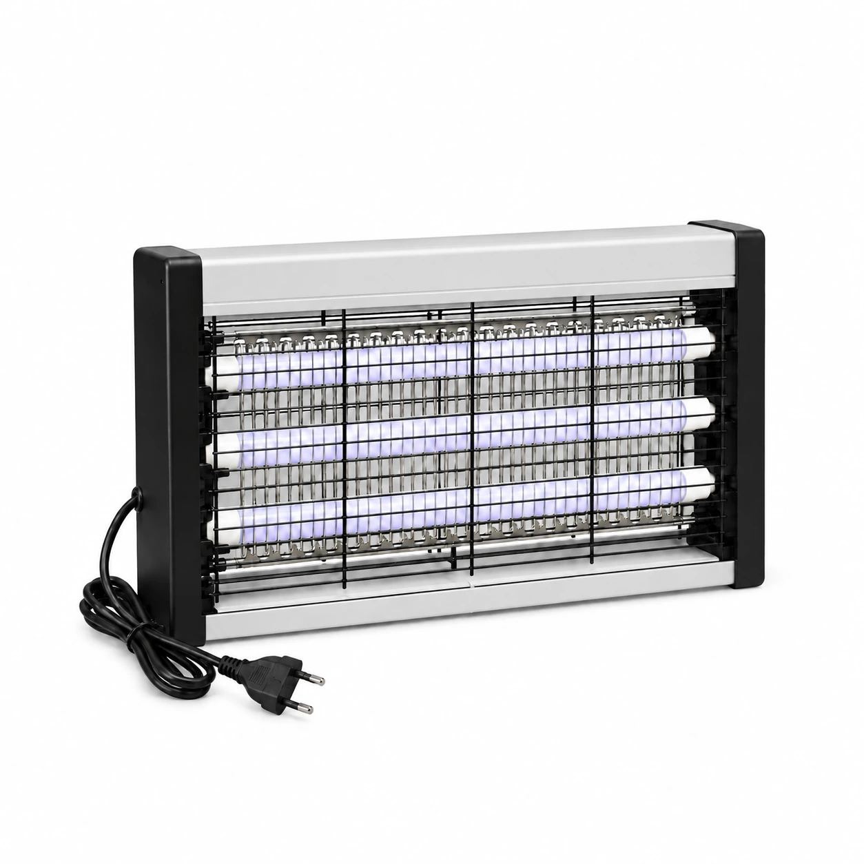 Lampe anti-moustique UV à brancher, boîtier argent et noir à façade grillagée, câble et prise UE