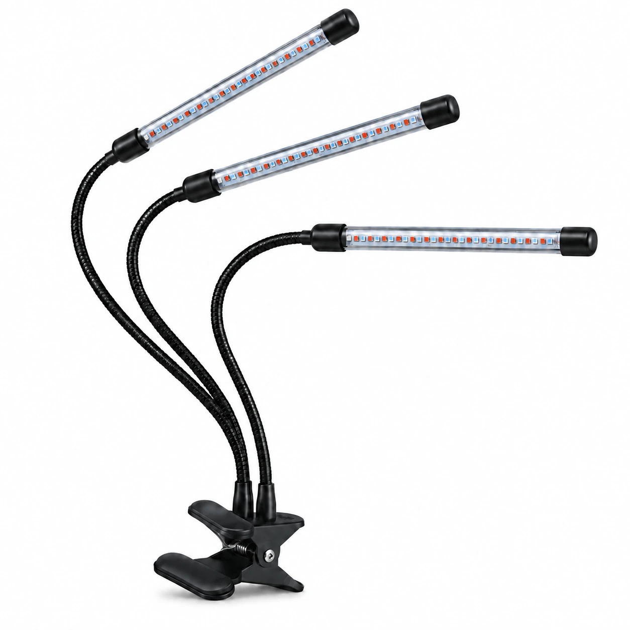 Lampe horticole à pince avec trois tubes de LED sous fond blanc, pince noire fermée