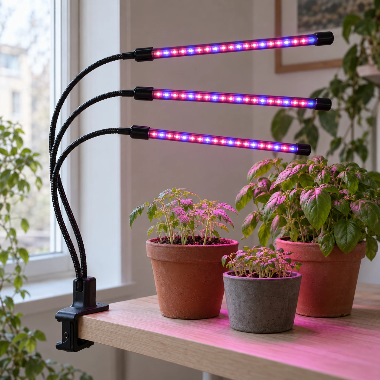 Lampe allumée en situation, trois tubes émettant une lumière rose magenta sur des jeunes plants en pots