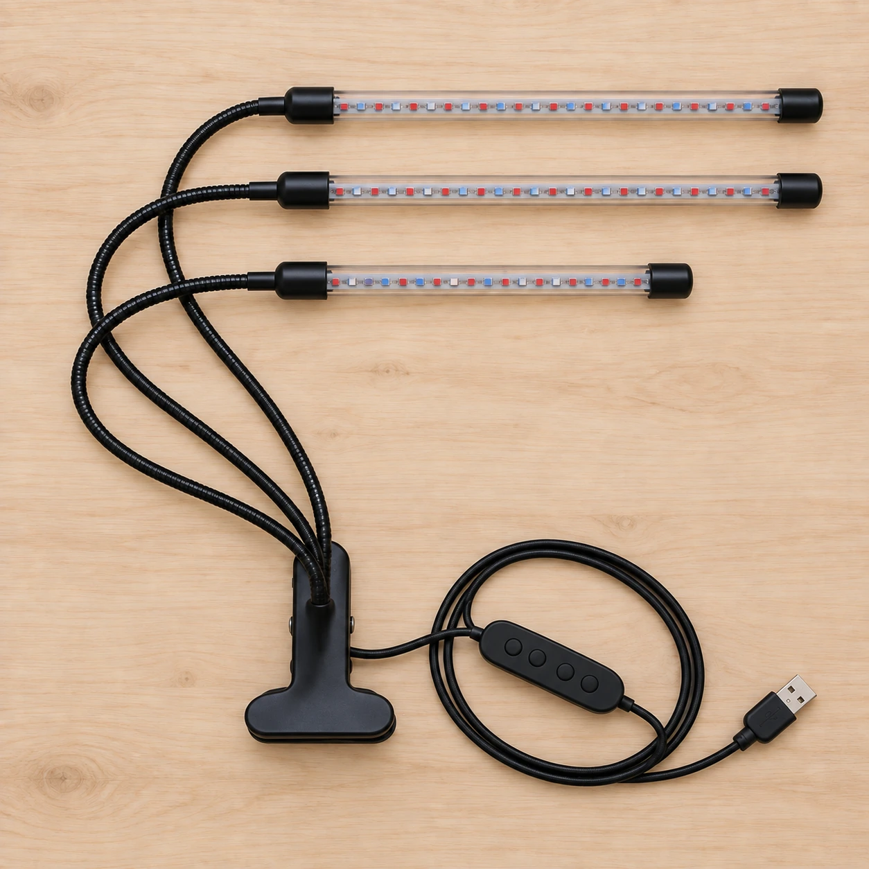 Contenu complet du colis posé à plat : pince, trois tubes, cordon USB et boîtier de contrôle