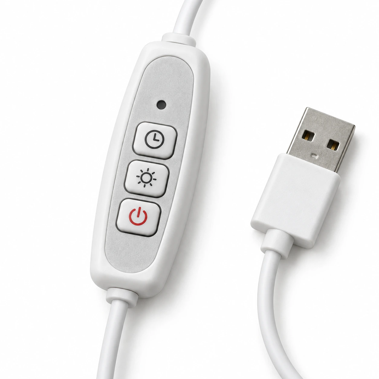 Boîtier de commande à trois touches, câble USB blanc et prise USB-A