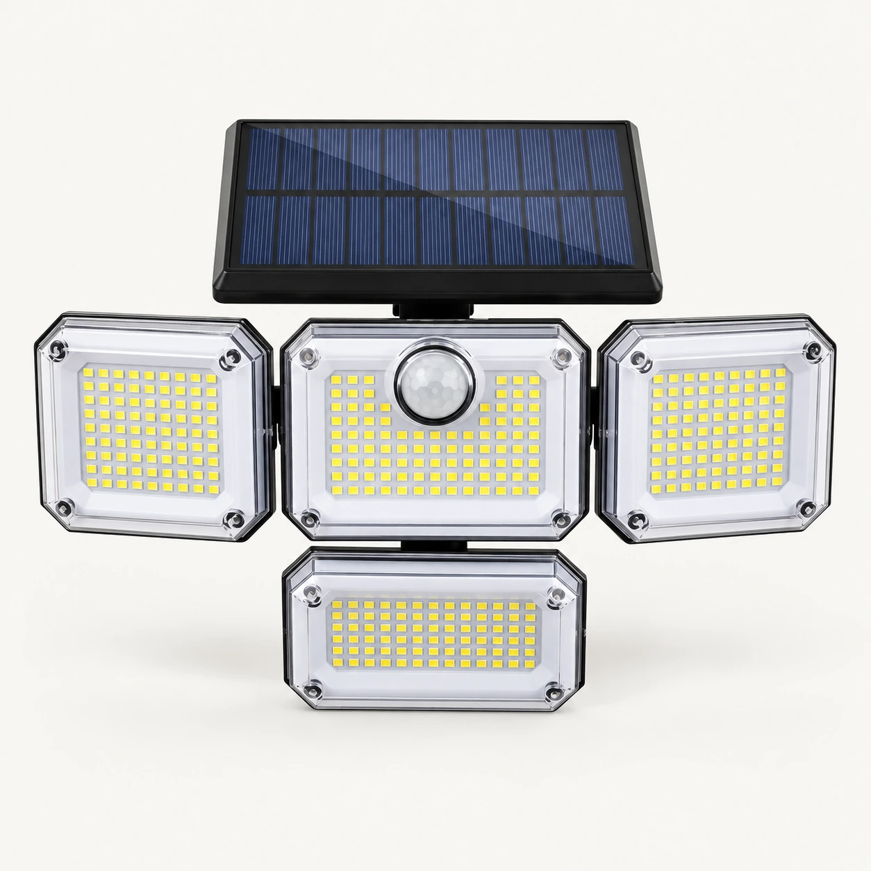Lampe solaire noire à quatre têtes orientables, panneau intégré et capteur rond central, sur fond blanc
