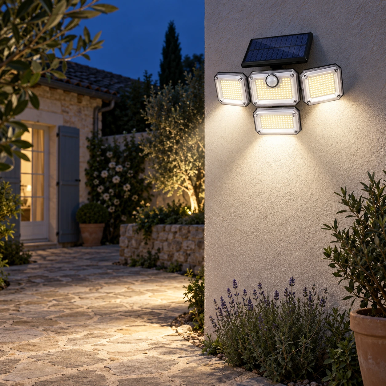 De nuit, la lampe fixée en hauteur éclaire une cour, quatre faisceaux blancs descendant vers le sol
