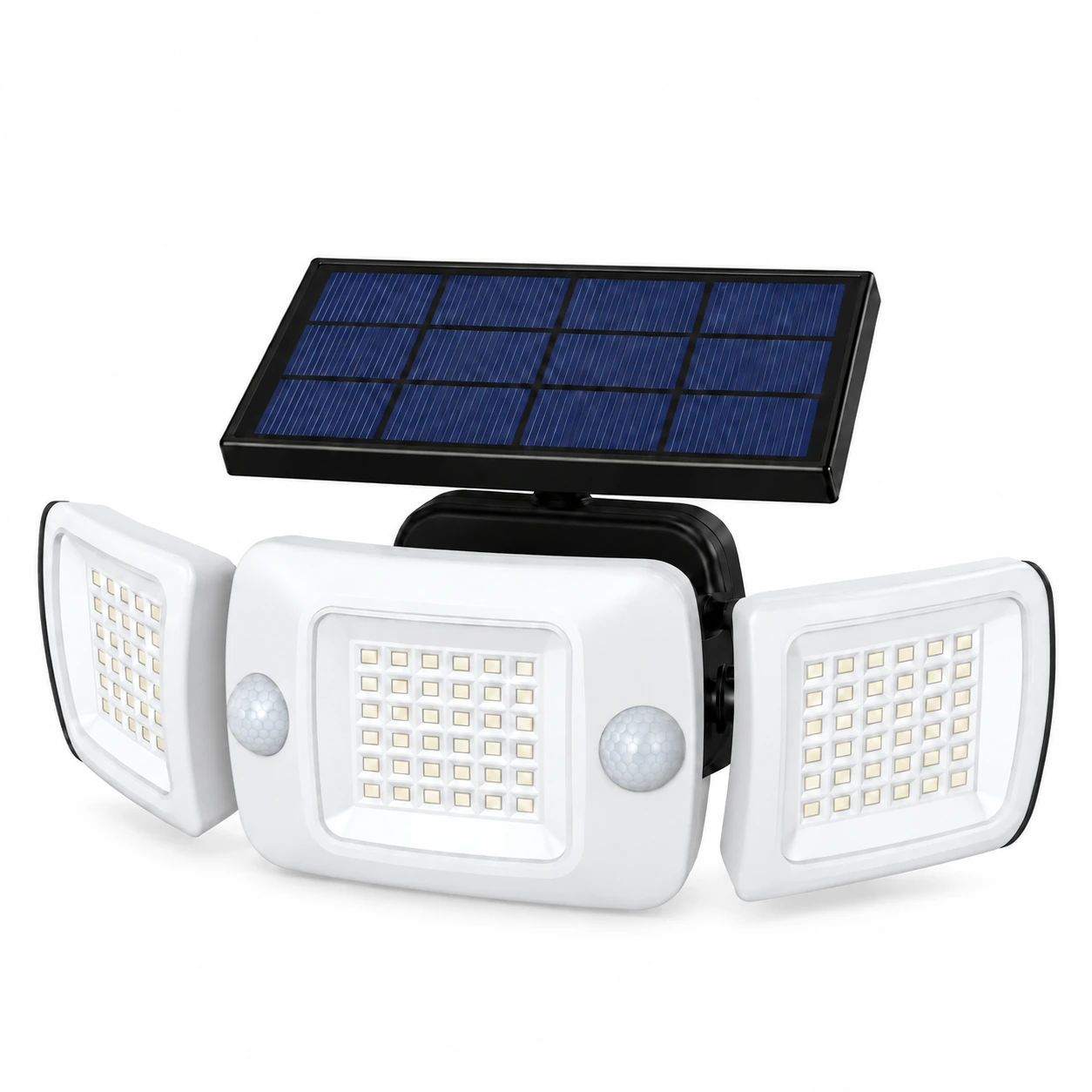 Lampe solaire à trois têtes orientables et grand panneau supérieur, sur fond blanc