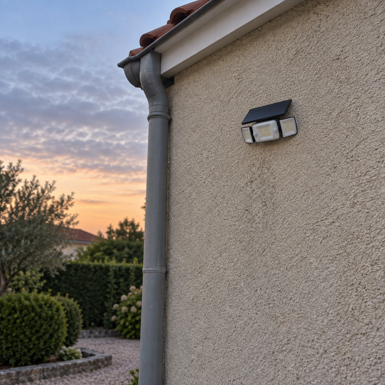 Lampe solaire fixée sur le mur crépi d'une maison au crépuscule, têtes orientées vers le jardin