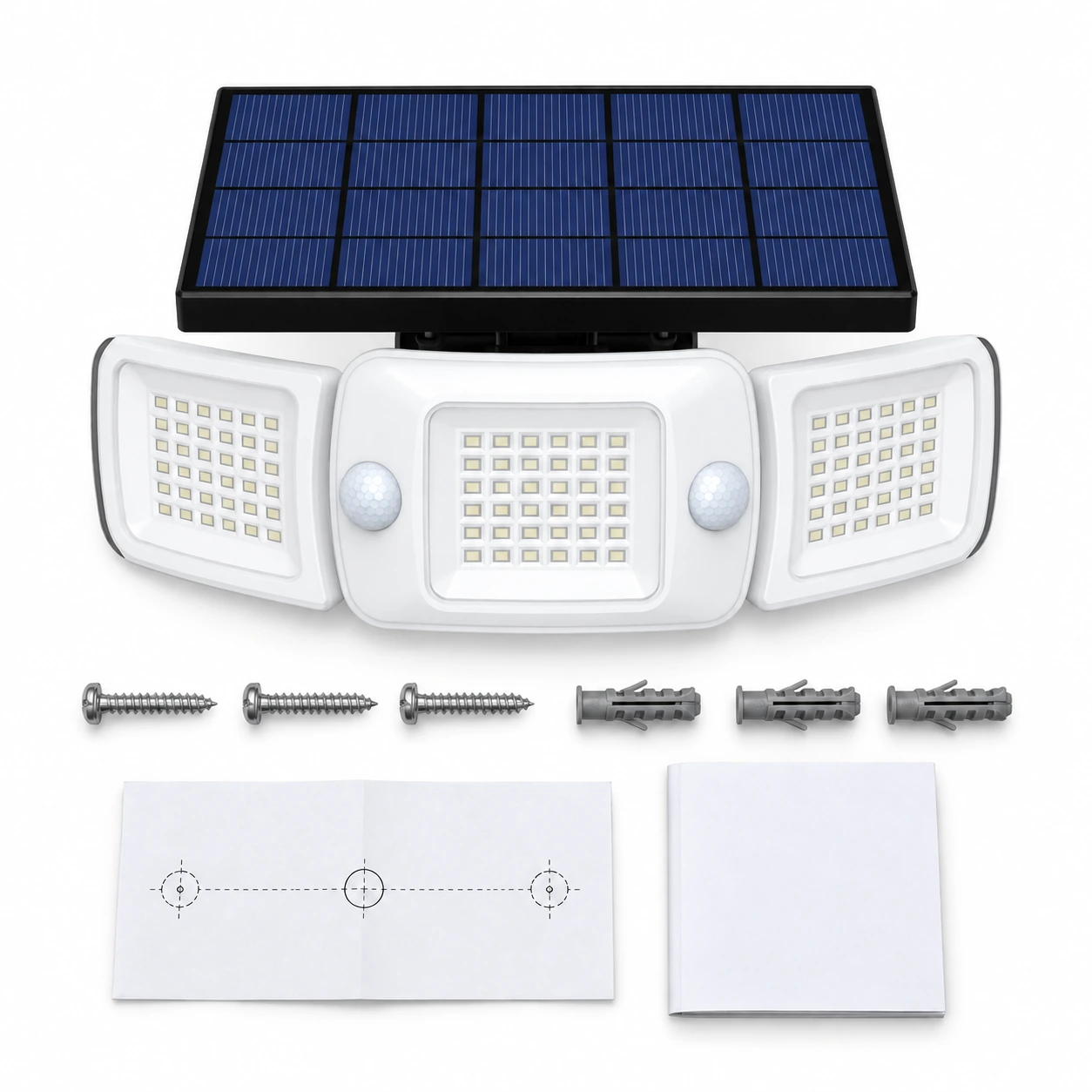 Contenu du colis posé à plat : lampe solaire, trois vis, trois chevilles, gabarit de perçage et notice