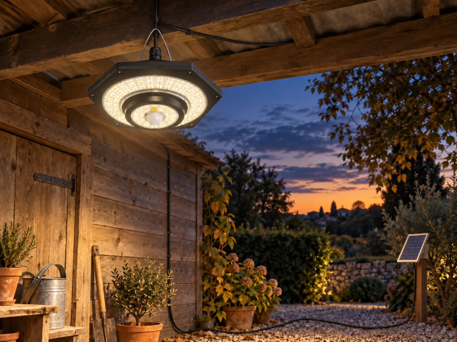 Lampe solaire allumée sous l’appentis d’un abri de jardin, panneau solaire au soleil à cinq mètres