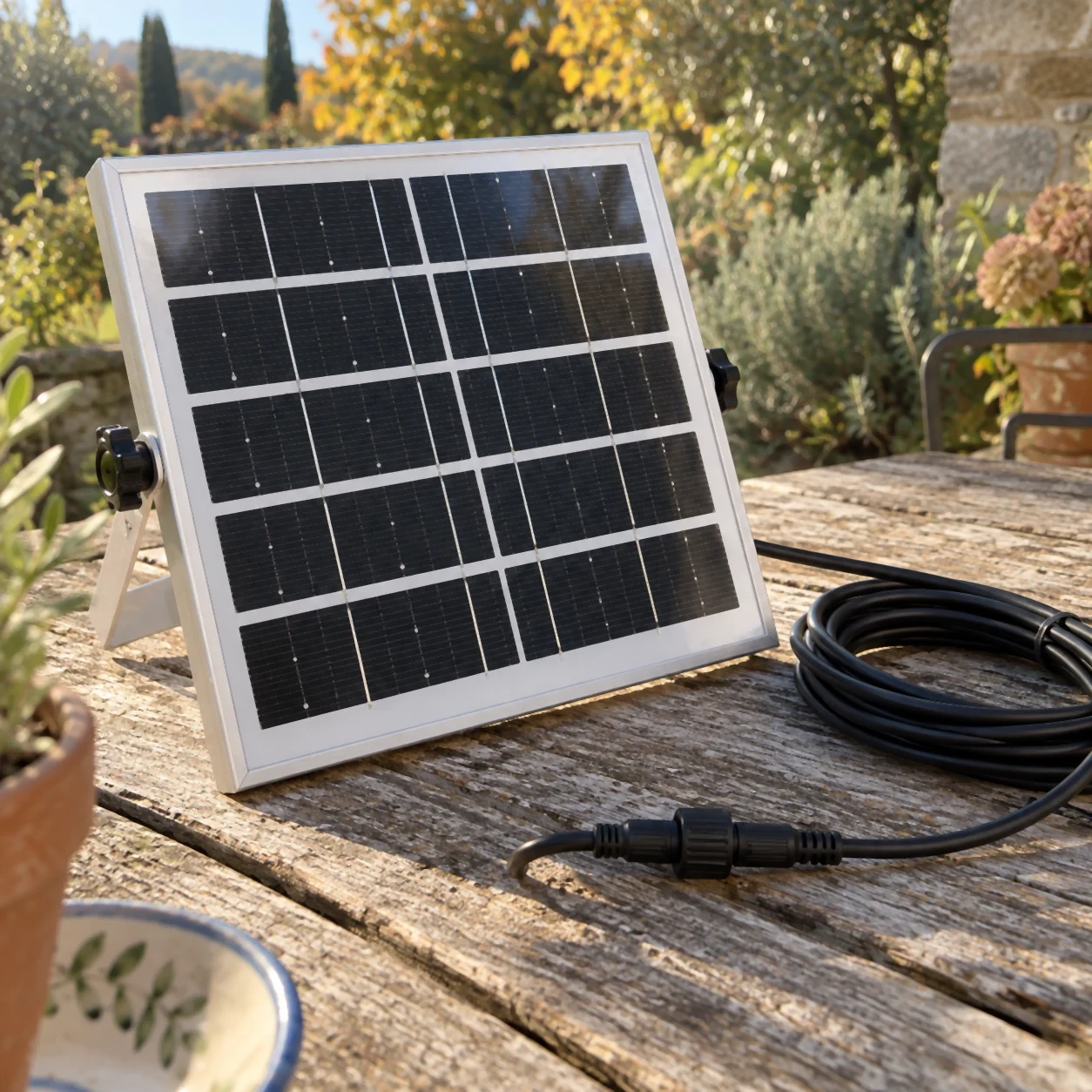 Panneau solaire à cadre aluminium incliné sur son équerre, câble de cinq mètres et connecteur étanche