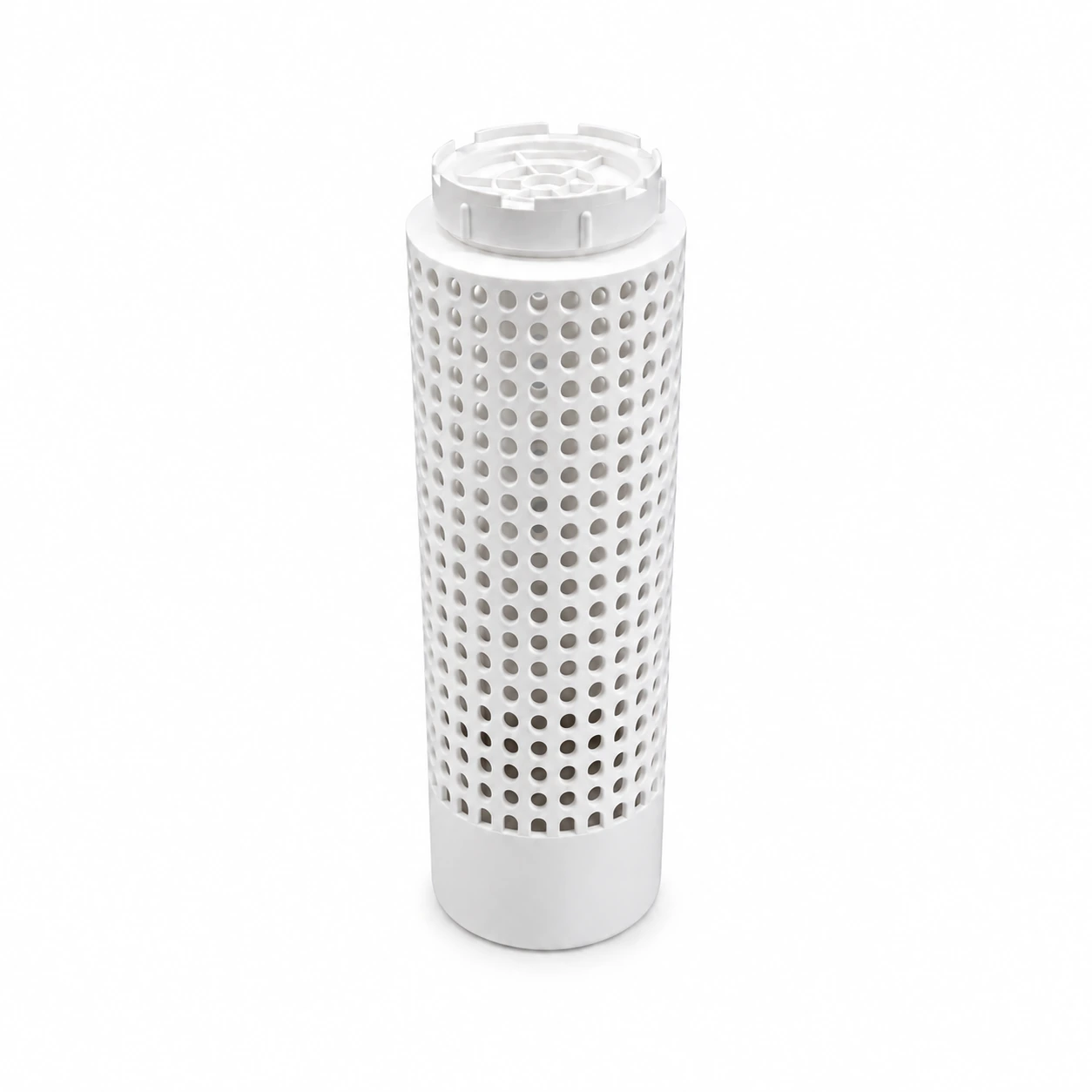 Lombricomposteur extérieur blanc à paroi percée de trous ronds et couvercle à baïonnette, sur fond blanc