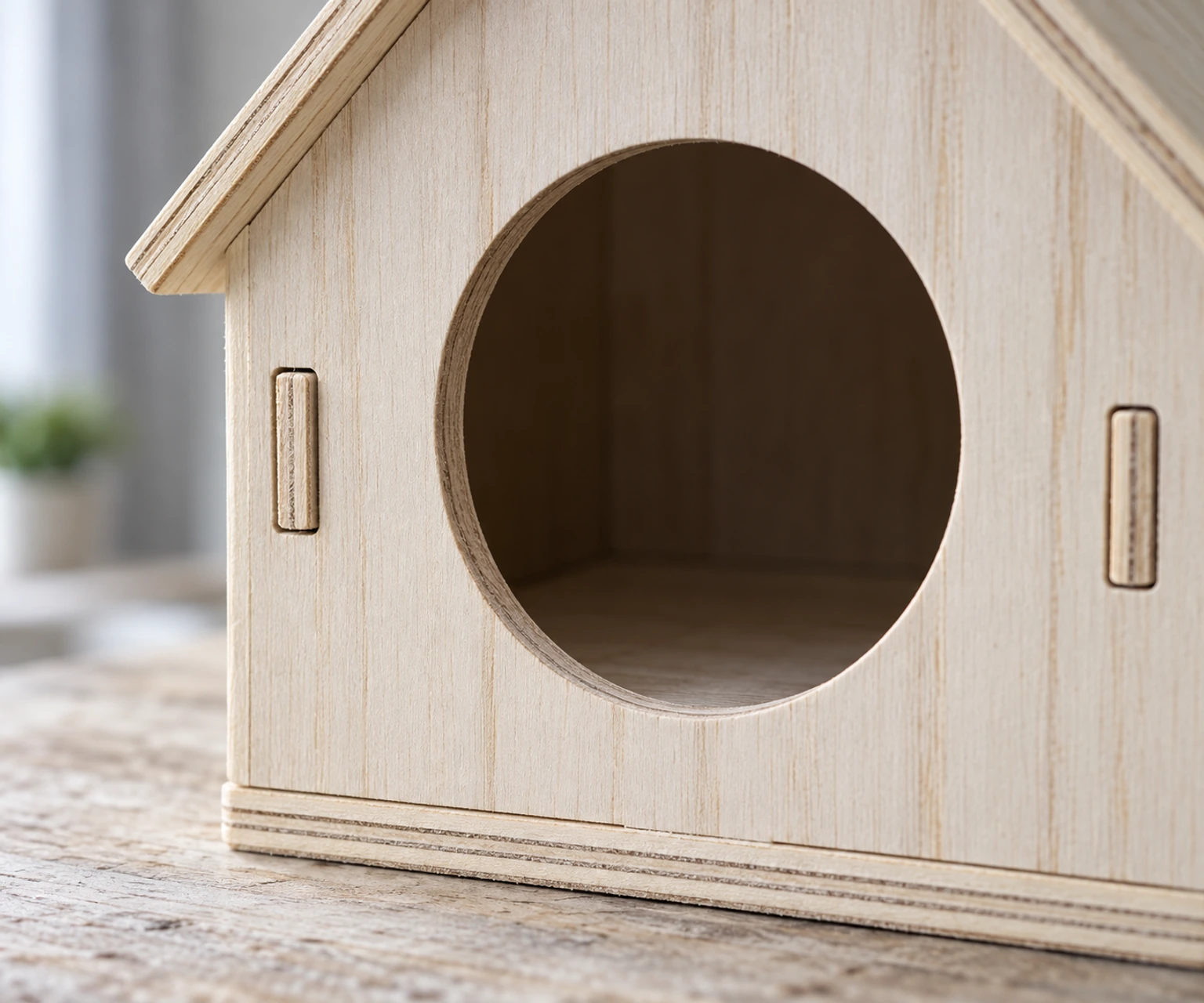 Gros plan de l'entrée ronde et des deux fentes d'assemblage de la maison en bois