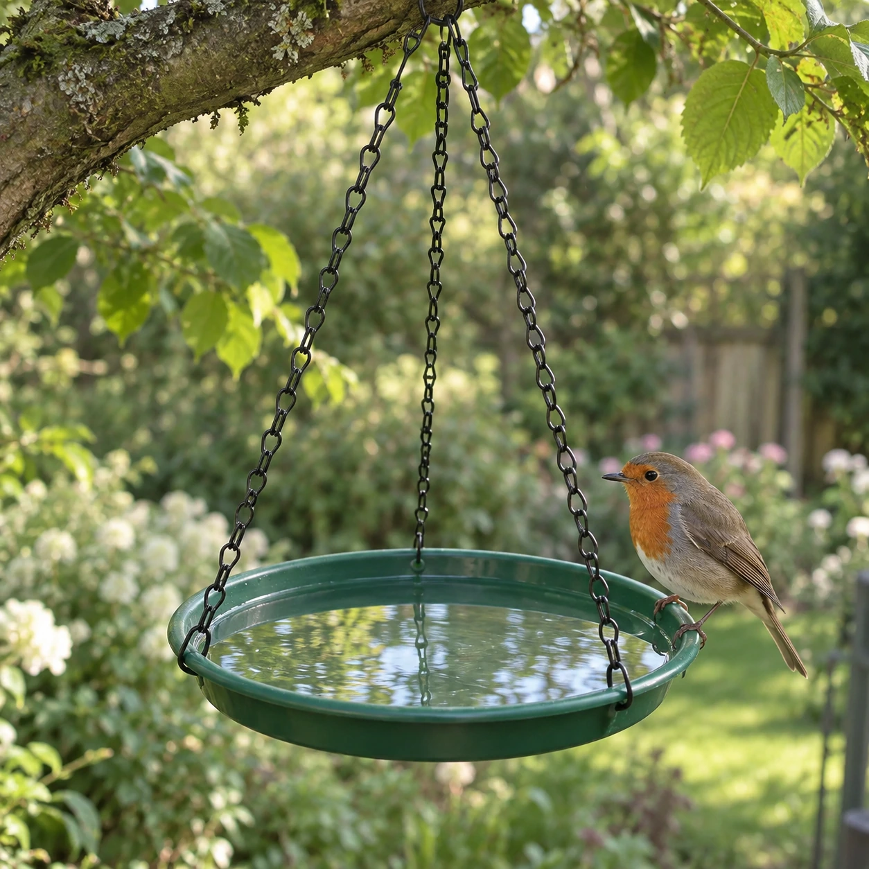 Oiseau posé au bord du plateau ouvert rempli d'eau, dans un jardin
