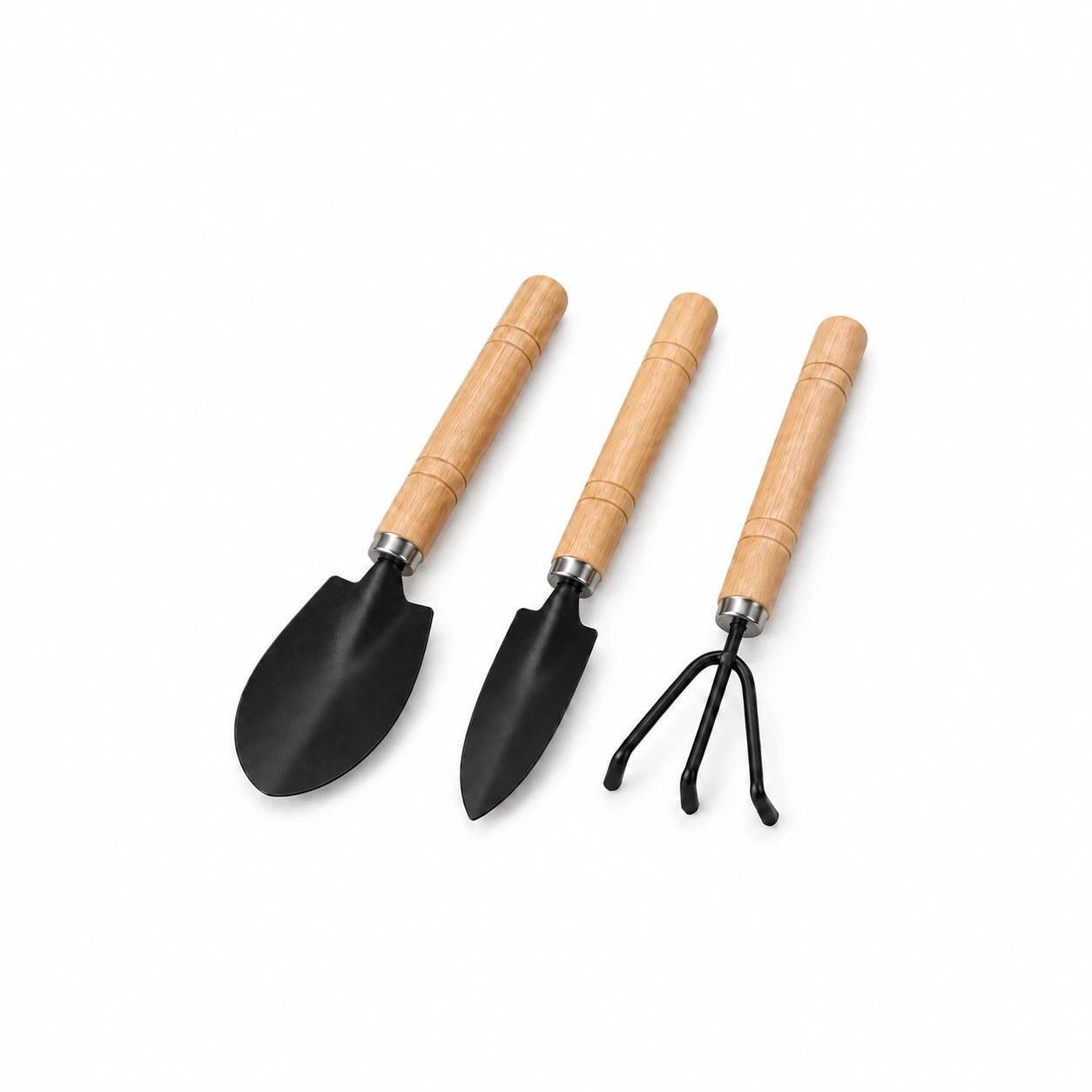 Mini kit de jardinage à main trois pièces : truelle large, truelle étroite et râteau à trois dents