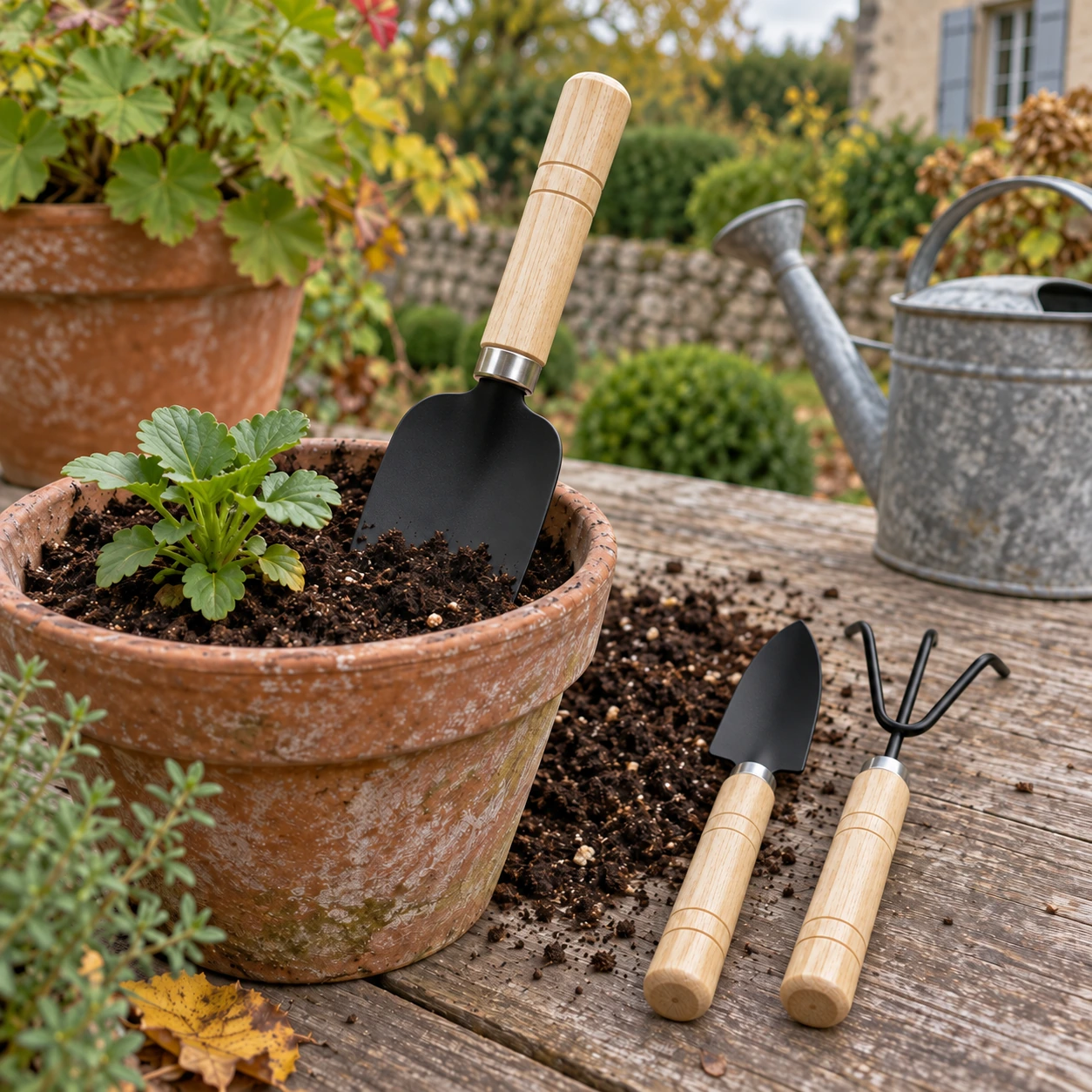 Truelle large du mini kit plantée dans un pot en terre, près d'une truelle étroite et d'un râteau posés
