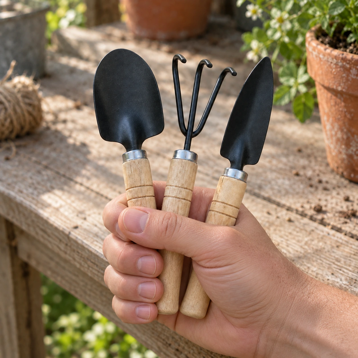 Les trois outils du mini kit tenus dans une main par leurs manches en bois tourné, têtes noires en éventail