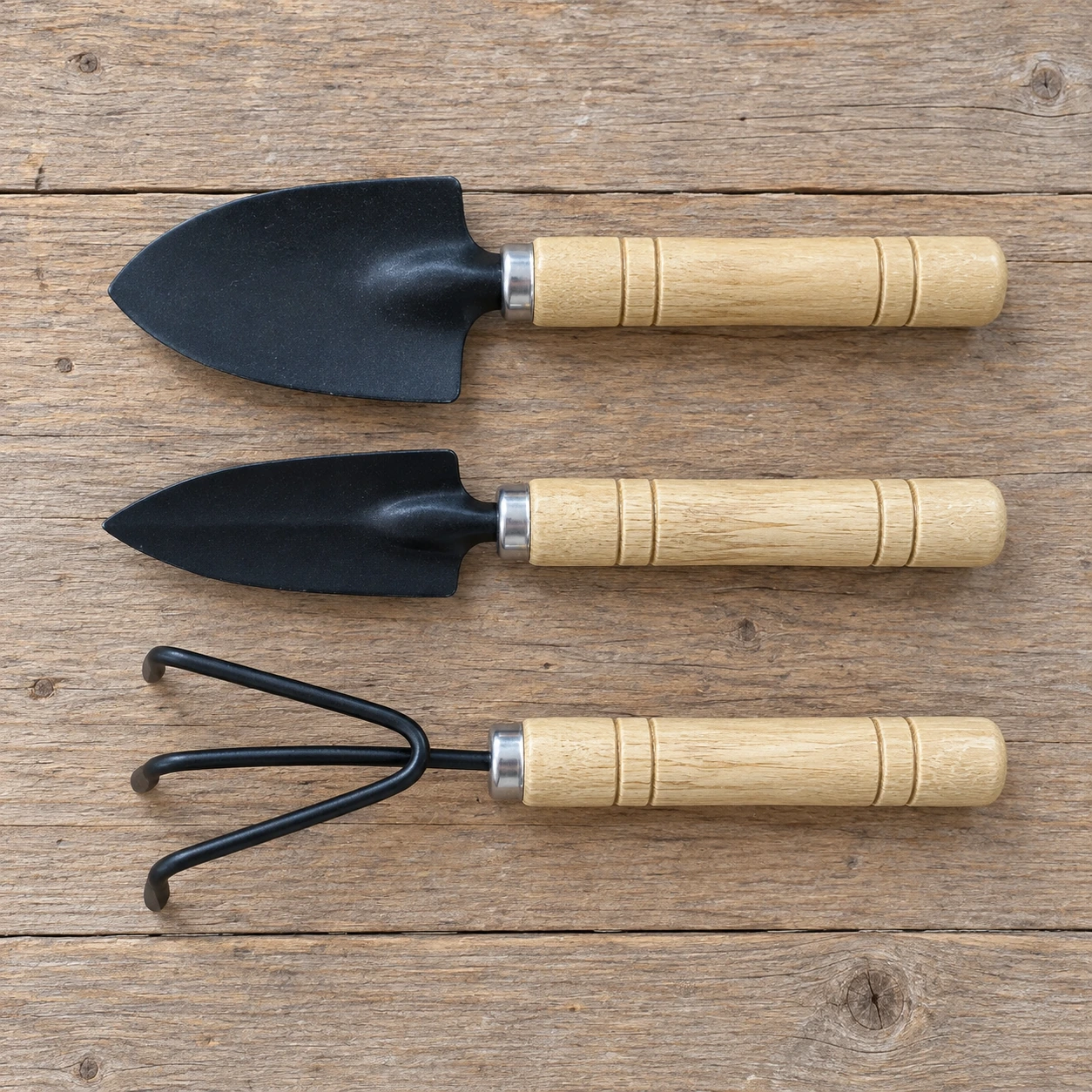 Les trois outils du mini kit alignés à plat : truelle large, truelle étroite pointue et râteau à trois dents