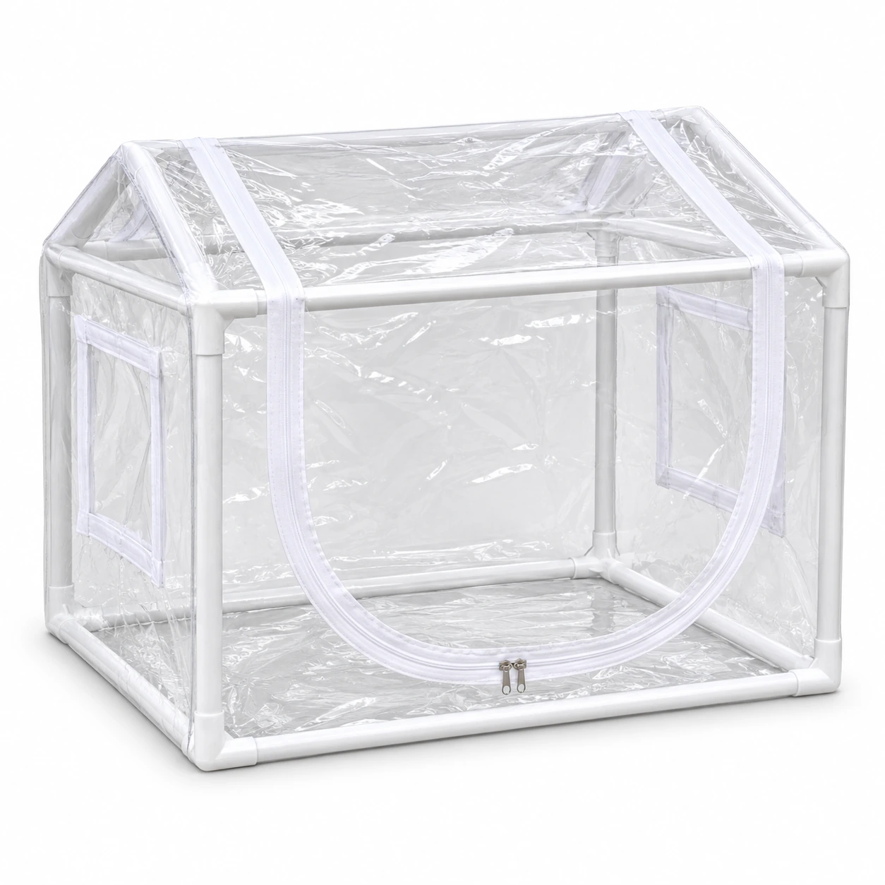 Mini serre compacte transparente avec armature blanche et ouverture frontale en U