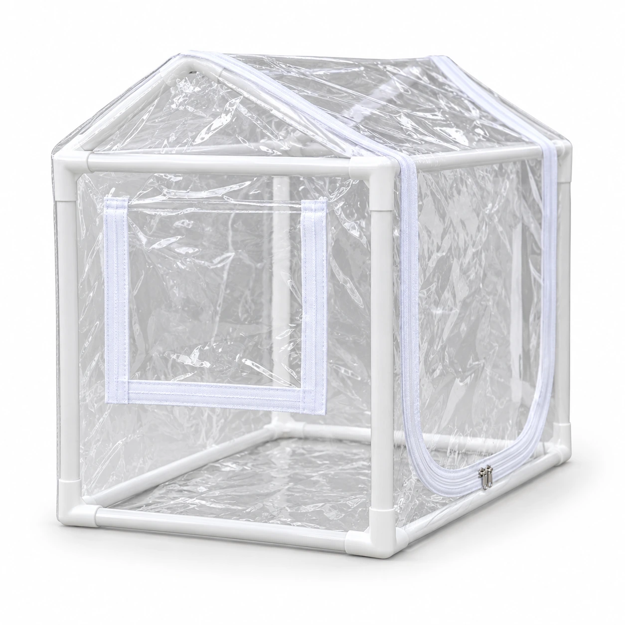 Mini serre transparente vue de côté avec fond fermé et tubes blancs emboîtés
