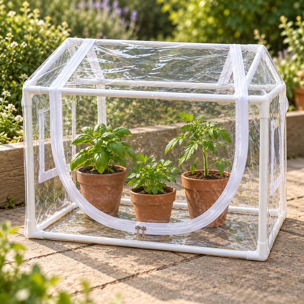 Petites plantes en pot abritées sous la mini serre transparente installée dehors