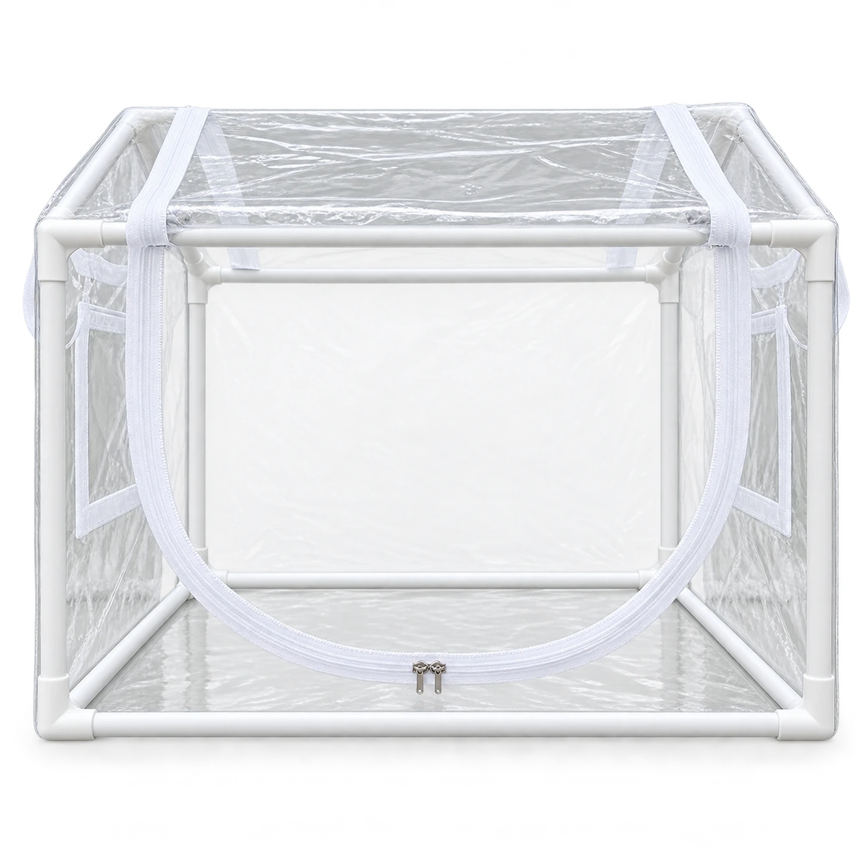 Façade de la mini serre ouverte, panneau avant relevé sur l armature blanche